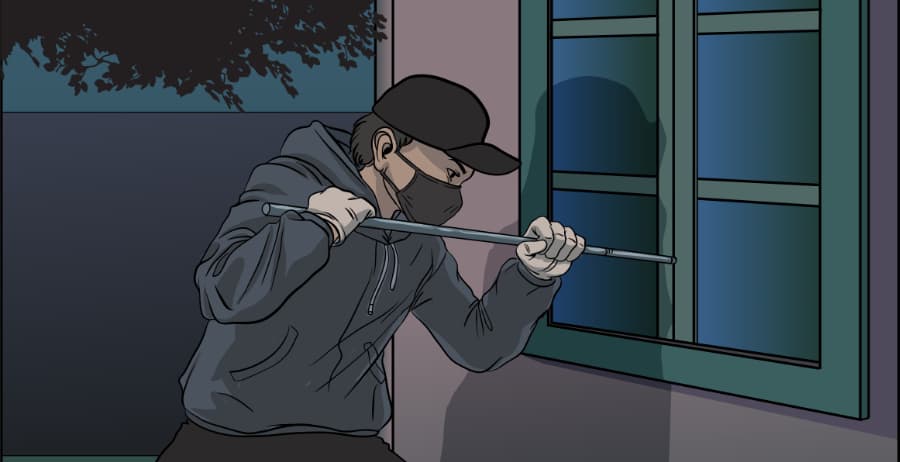 Illustration of burglar forcing entry through a window in 